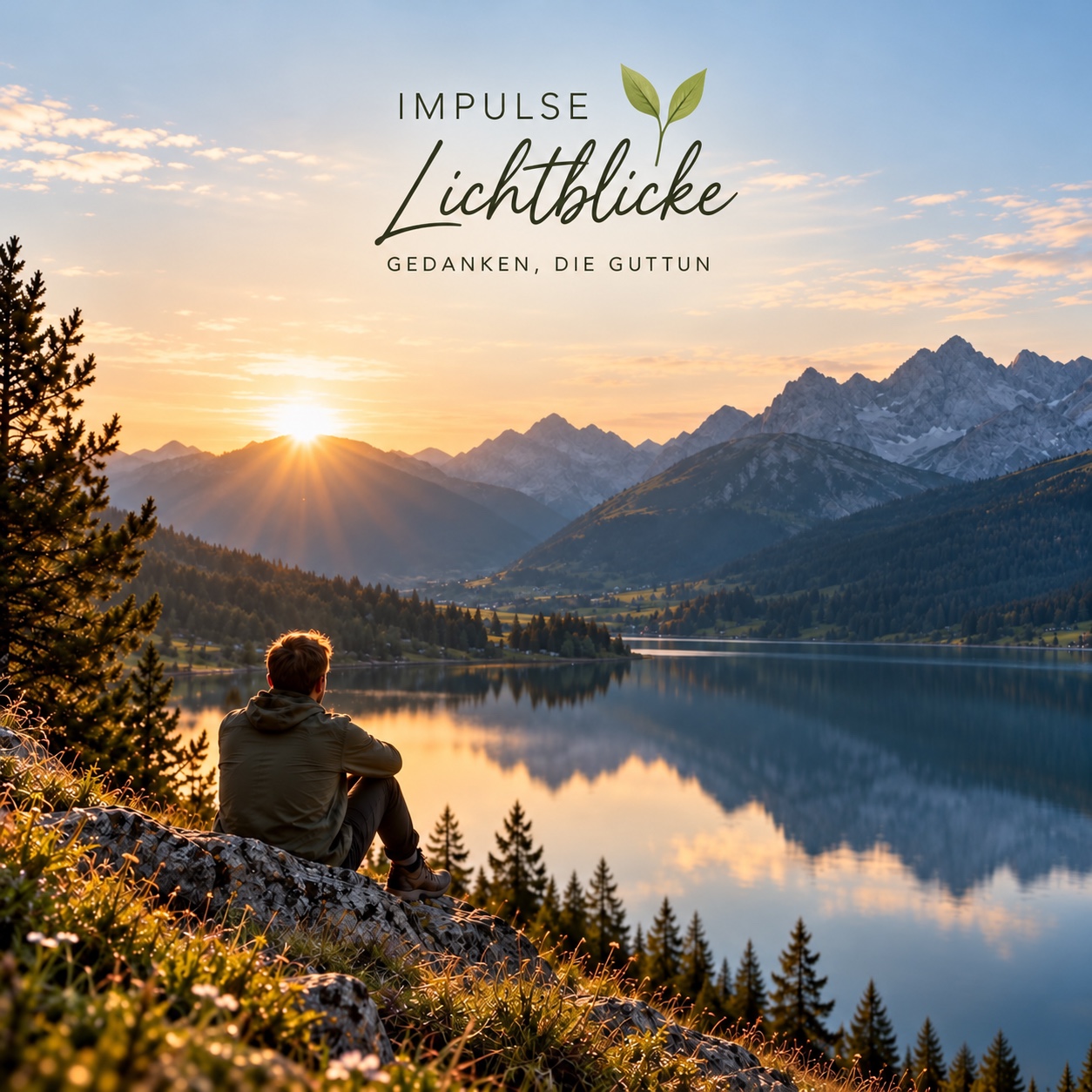 IMPULSE • Lichtblicke – Gedanken, die guttun. Ein Mensch blickt bei Sonnenaufgang über einen Bergsee.